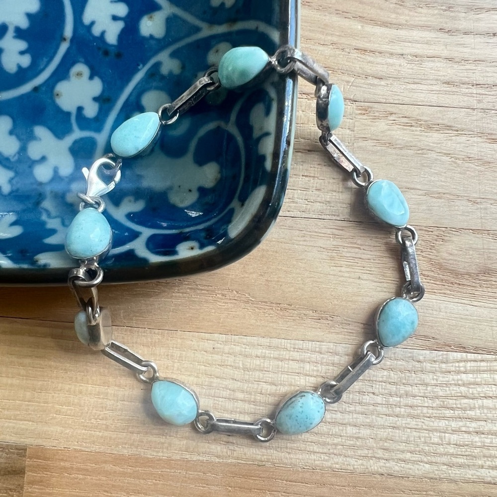 Vintage style 925 Sterling silver blue stone paperclip chain bracelet
